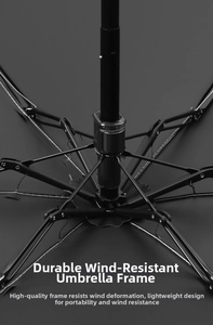 Close-up of durable reinforced metal frame structure on a black folding umbrella