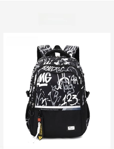 Front view of graffiti backpack with orange pendant and To explore the future text