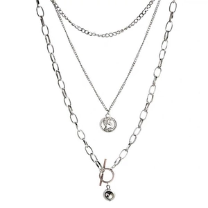 Three-layer silver metal necklace with coin pendant and toggle clasp in hip hop style