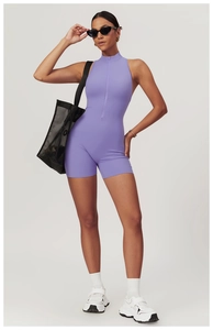 Lilac high-stretch yoga bodysuit with front zipper and athletic accessories set