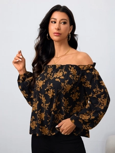 Damen Schulterfreie Blumenbluse mit langen Ärmeln und elegantem schwarz-goldenem Druck