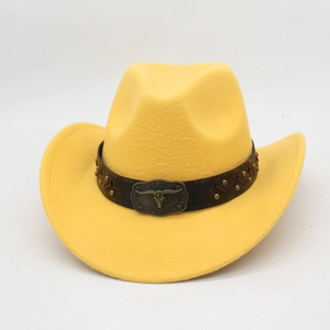 Yellow wool felt western cowboy hat featuring a vintage bull head buckle and studded band
