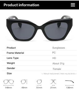 Detailed size specifications for small cat-eye sunglasses featuring PC frame and HD lenses