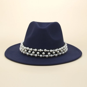 Detailed view of elegant navy wool fedora with three rows of white pearl bead trim