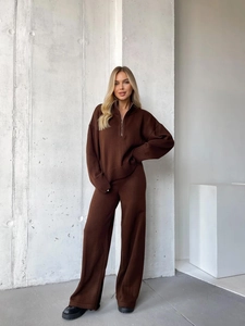 Damen Strickpullover Und Weite Hose Halber Reißverschluss Stehkragen Hohe Taille Einfarbig Lässig Herbst Winter Elegant