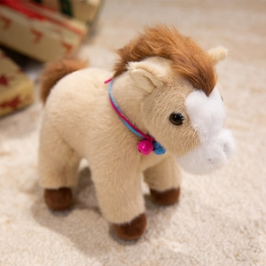 Cute light brown plush pony doll with colorful neck bells and soft brown mane