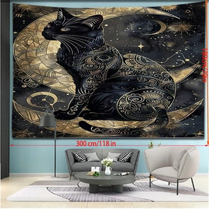 Detail of 300x180cm wall tapestry showing a black cat on golden crescent moon and stars