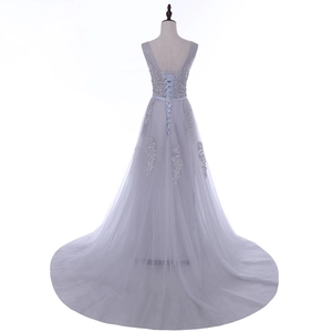 Elegant lavender V-neck evening gown with lace-up back and intricate floral appliques