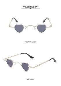 Front and 45-degree views of silver metal heart sunglasses with dark grey lenses