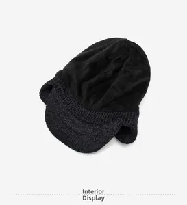 Detail display of thick black plush lining and warm knit fabric for winter men's hat