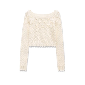 Women Crochet Knitted Top Hollow Out Round Neck Long Sleeve Cropped Polyester Sweet Casual Cream Apricot