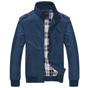 Men's dark blue stand collar jacket with shoulder tabs and classic plaid inner lining