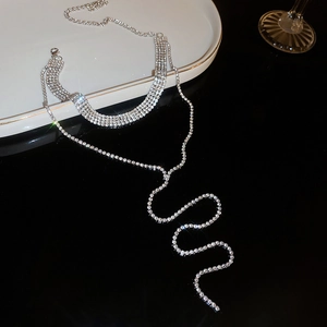 Detailed shot of double-layered silver rhinestone choker with shimmering fringe tassels