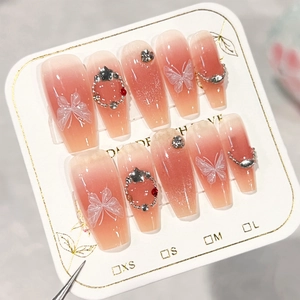 Süße Französische Ombre Rosa Künstliche Fingernägel Schmetterling Strass Dekorativ Handgefertigte Lange Sargform Falsche Nägel Für Damen Maniküre Zubehör