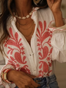 Camicia di lino bianca con ricami paisley rossi e bordi a conchiglia per donna