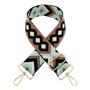 Detail of 5cm diamond jacquard bag strap with mint green embroidery and gold metal hooks