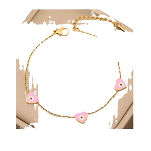 Fashionable gold chain heart bracelet with pink evil eye enamel charms for women