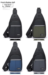 Detail view of water-resistant chest bag showing black, green, blue, and grey options