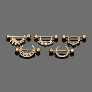 Set de 5 piercings téton dorés en acier inoxydable avec lune, étoile, feuille et zircons