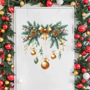 Detailed Christmas wreath wall sticker with bow and ornaments on a white door