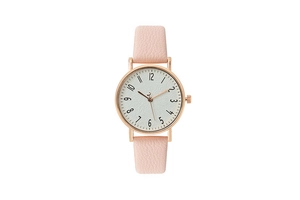 Pink leather strap women watch with rose gold case and Arabic numeral dial