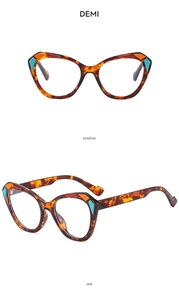 Detailed views of tortoise cat-eye glasses with colorful geometric corner accents