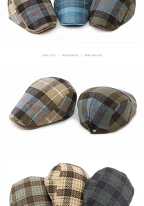 Detailed close-up showing various vintage plaid newsboy caps in wool blend textures
