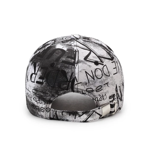 Back view of graffiti baseball cap with white fabric, black letters and metal buckle