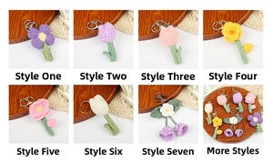 Detailed collection of handmade crochet flower keychains in tulip and sunflower designs