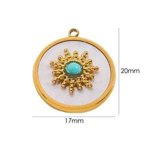 Detailed view of a 20mm turquoise and mother-of-pearl sunburst pendant with gold plating