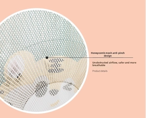 Close-up of honeycomb mesh fan cover featuring a cartoon tiger for baby finger safety
