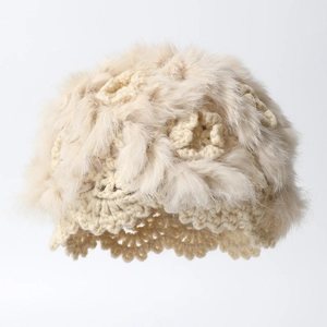 Winter handmade crochet rabbit fur hat for women with beige knit floral patterns