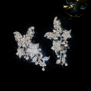 Detail of silver butterfly tassel earrings with sparkling cubic zirconia and starburst effect