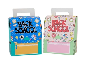 Détail des boîtes cadeaux cartonnées style sac à dos pour la rentrée en bleu et rose