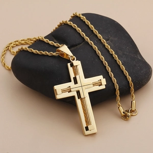 Gold stainless steel cross necklace for men with braided rope metal border and twist chain