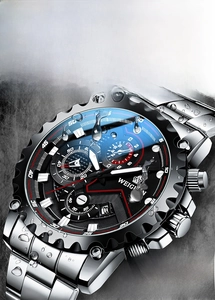 Close-up of waterproof chronograph watch dial with silver stainless steel strap