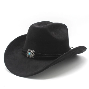 Classic black suede western cowboy hat with braided rope and turquoise metal buckle detail