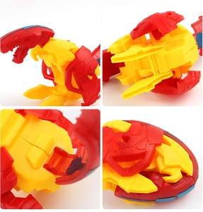 Detailed four-angle view of red and yellow dinosaur egg transforming robot toy set