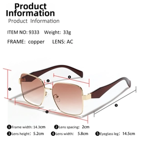 Detailed dimension chart for square metal sunglasses showing frame width and lens height