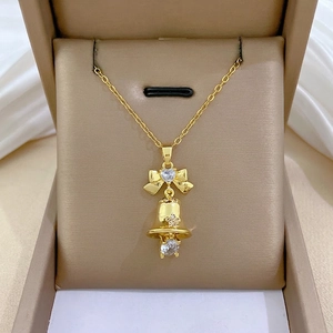 Bowknot Bell Pendant Necklace Stainless Steel Chain Copper Zircon Inlaid Elegant Temperament Jewelry For Women Sweet