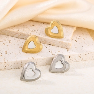 18K gold and silver plated heart stud earrings with white shell inlay on stone