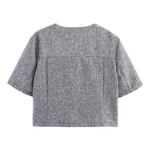 Back view of grey linen blend short sleeve top showing breathable woven texture and seams