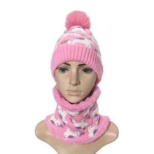 Pink knit kids hat and scarf set with unicorn patterns and soft fleece lining