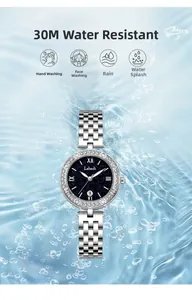 Close-up of star dial steel watch with crystal bezel and 30m water resistance display