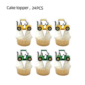 Set of 24 cartoon farm tractor cake toppers for boy birthday party decorations