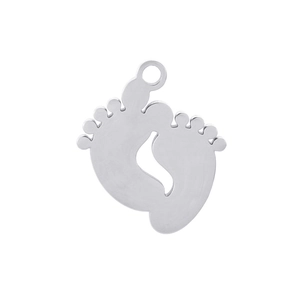 Detailed close-up of a silver baby feet pendant made of polished stainless steel for DIY
