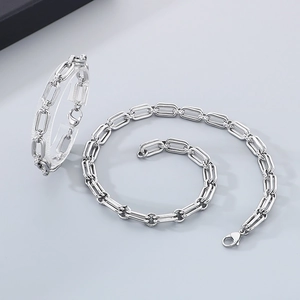 Minimalist silver stainless steel double layer paperclip chain bracelet and bangle set