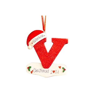 Close-up of a red glitter letter V Christmas ornament with custom Valentina name and 2021 date