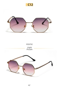 Macro detail of octagonal metal sunglasses with light purple gradient lenses and gold frame