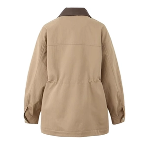 Khaki functional trench coat with dark brown collar and adjustable drawstring waist detail